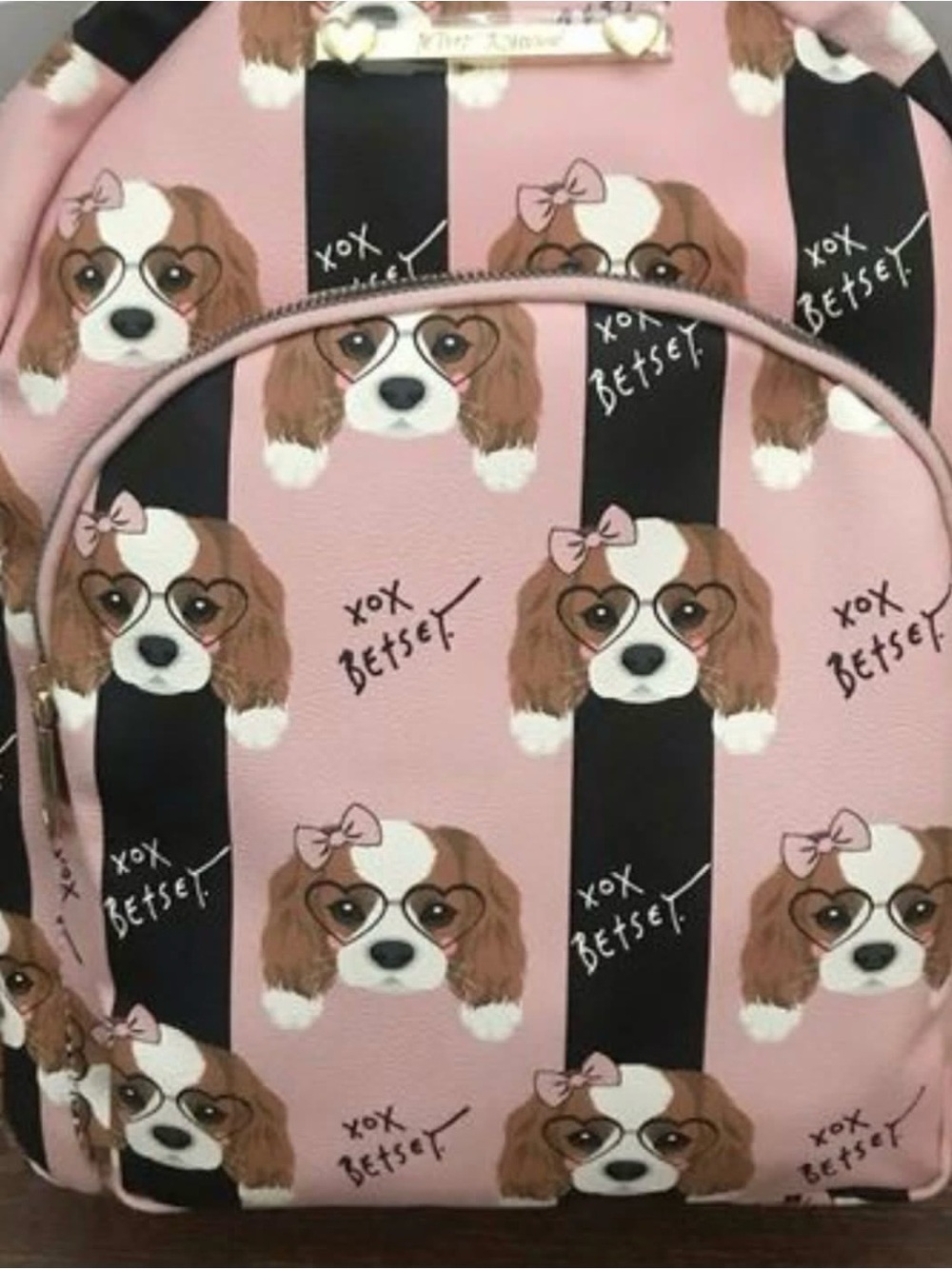 Betsey Johnson Pink & Black King Charles Cavalier Print Dog Backpack